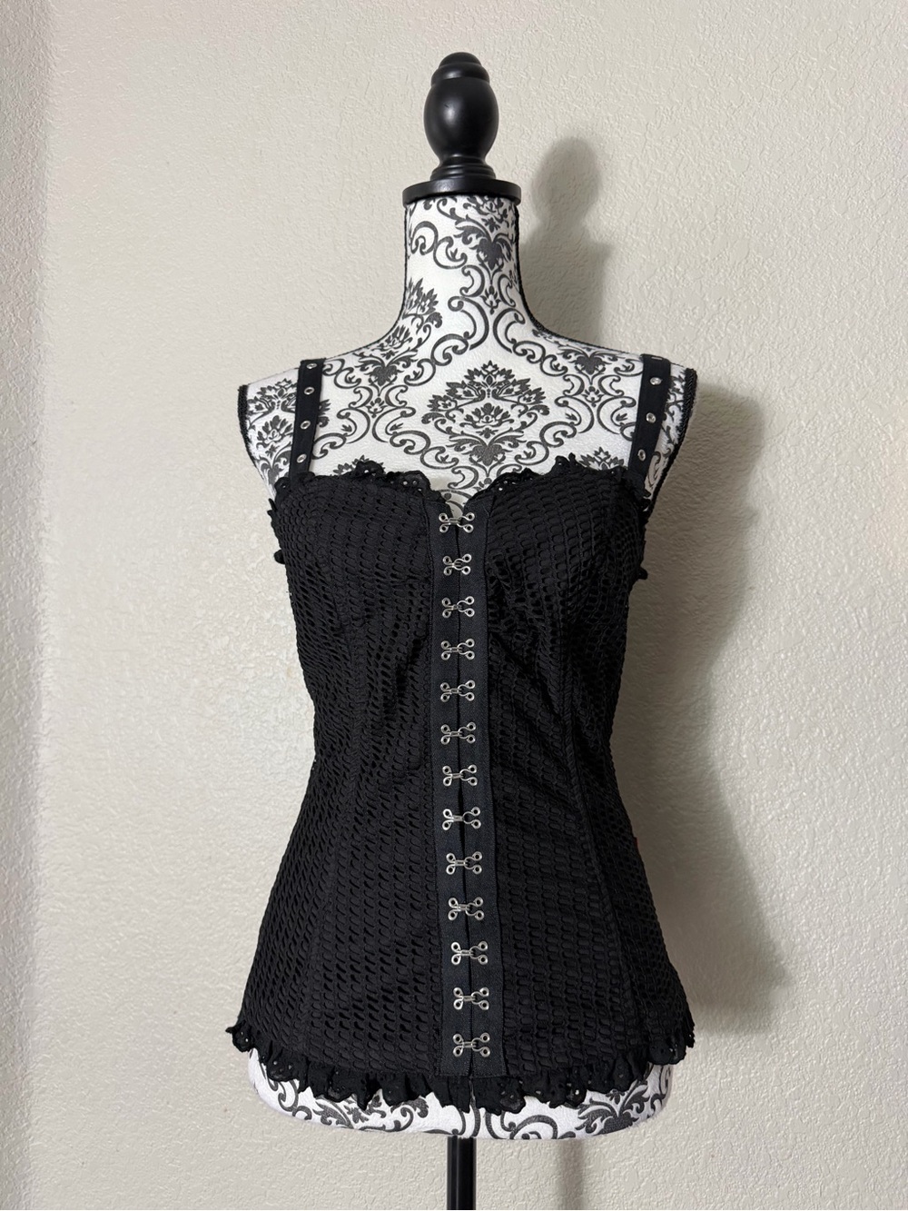 Royal Bones Black Crochet Hook-Front Corset Camisole